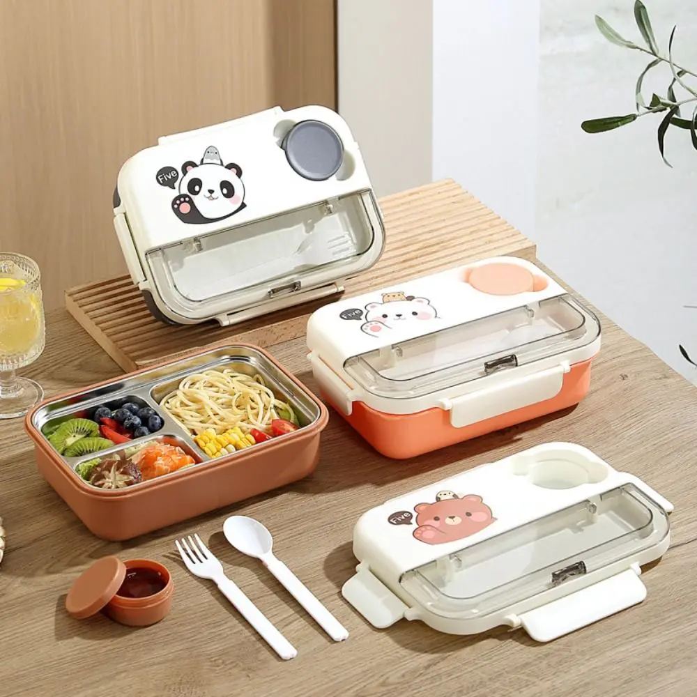 

Portable Cartoon Kid's Lunch Box Cute Stainless Steel Divides Food Container 3 Compartment Reusable Breakfast Boxes Tableware