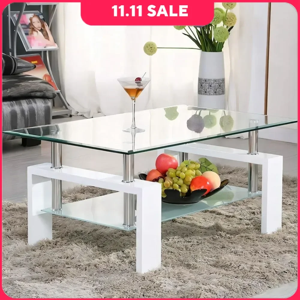 

Rectangular Modern Coffee Table, 2-story Tempered Glass Edge Table, Living Room Table with Lower Shelf