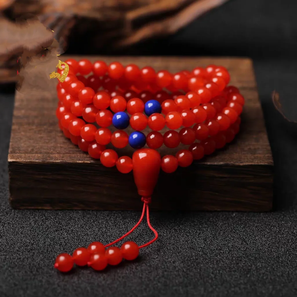 8mm Nature Gemstone Nan Hong Mala Amulet 108 Beads Bangle Agate Mala Hanging Handstring Gift Box Ornament