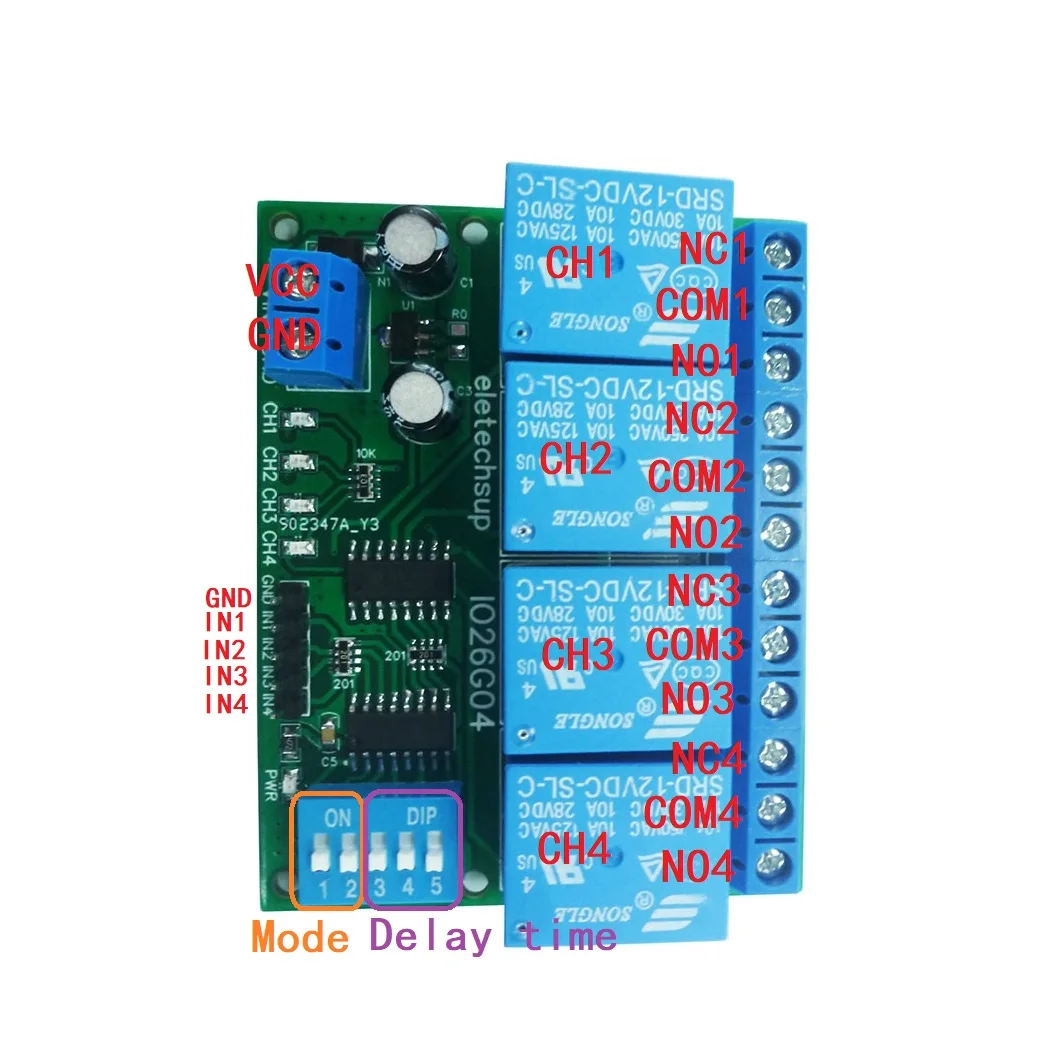 Multifunções Delay Relay Time Switch, Condicionador de Alimentação Sequenciador, Smart Home, Ligue e desligue Módulo PLC, 4ch, DC, 5V, 12V, 24V