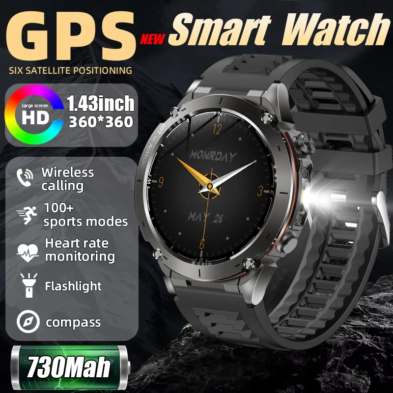 

2025 New Professional Military Smart Watch 730Mah Battery Fitness Tracking 3ATM Waterproof Sport Flashlight call Bracelet Men