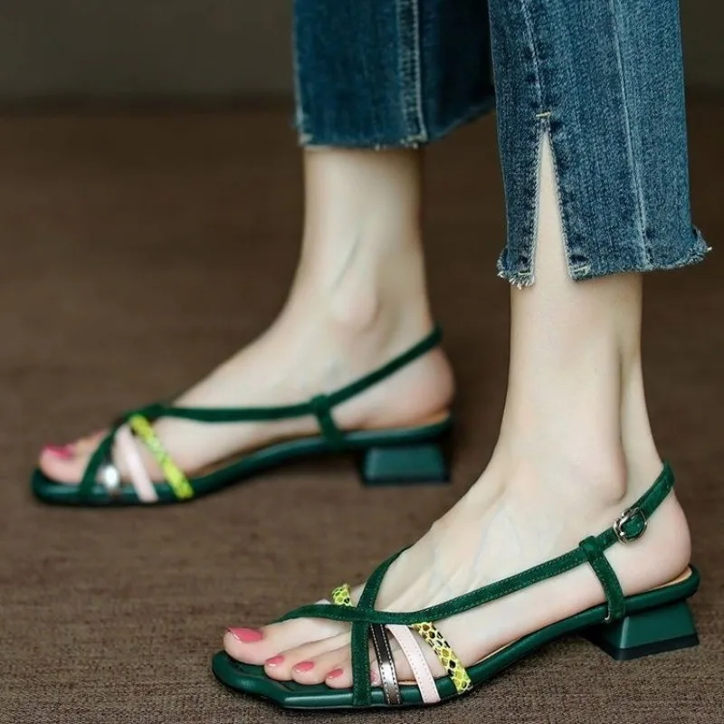 Buckle Design Women's Slingback Sandals 2024 Summer New Simple and Elegant Strappy Sandals Comfortable Mid-heeled Casual Sandals