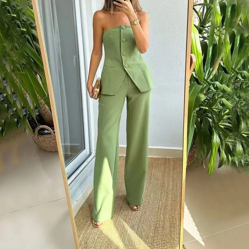 European American summer thin women suits clothing fashion vest V-neck tight fit high waist slimming workwear casual pants