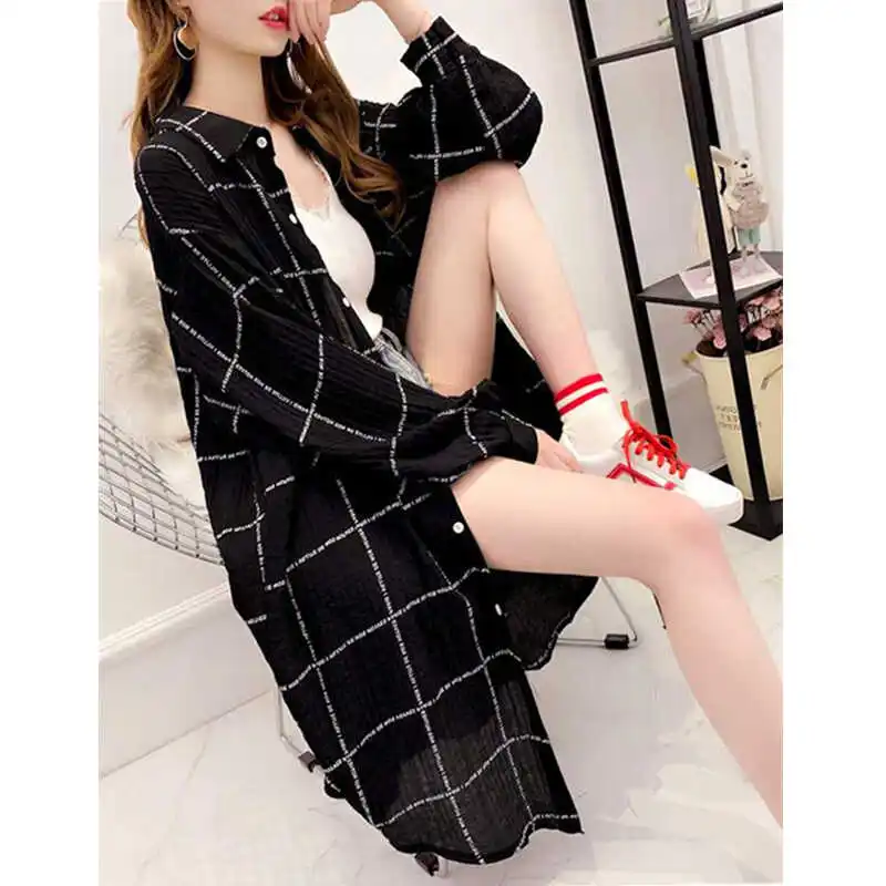 

Korean Sle Loose Long Sve irt Women's Summer New Faionable Sun Protection Casual Ne Plaid Air Conditioner Top