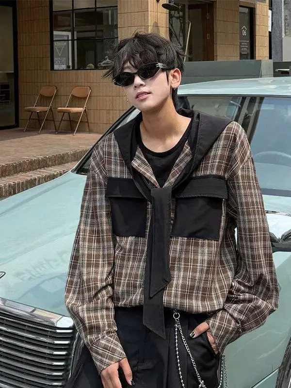 

plus Size 300 Pou American Retro Plaid Hooded irt Men's Loose Fit Versatile irt for Autumn Trendy Brand Haome Casua...