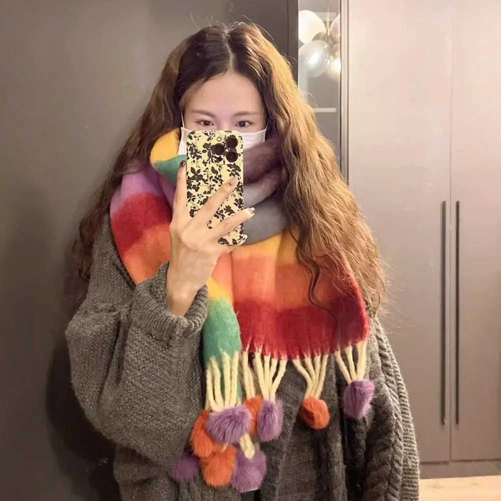 

Tassel Scarf Colorful Rainbow Striped With Plush Balls Fashion Couple Neckband Kawaii Winter Warm Thickened Scarf Accessories