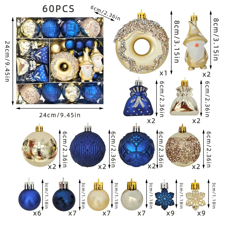 60PCS Value Pack Blue  Gold Christmas Ornaments Set XMAS Hanging Baubles Assorted Styles for Festive Season Christmas Decor