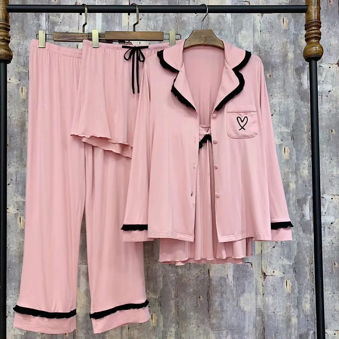 Women 5PCS Pajamas Suit Causal Loungewear Nightgown Sexy Sleepwear Modal Ruffle Nightwear Loose Shirt&pants&cami&shorts&patch