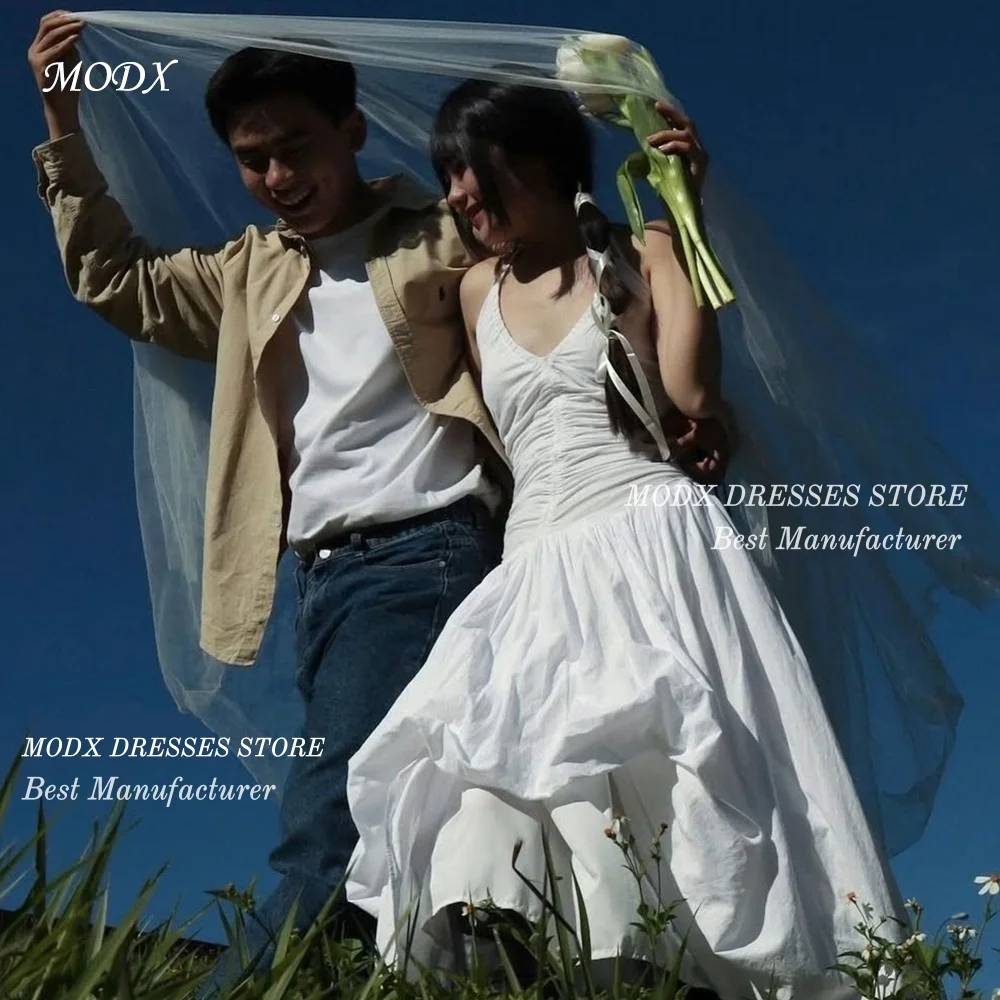MODX Modern Ivory Wedding Dress Halter V Neck Ruched Bodice Bubble Skirt A Line Bridal Gown Floor Length Vestido De Novia 2026
