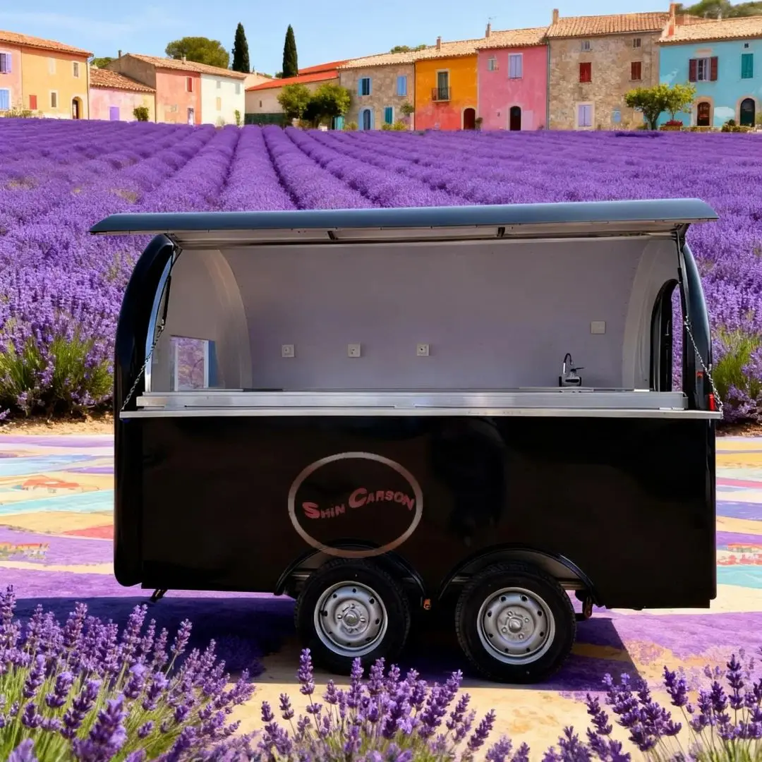 Outdoor Food Trailer Bright Black Dual-Wheel Structure Lifty Sales Window Arched Door Easy Access for Business Use