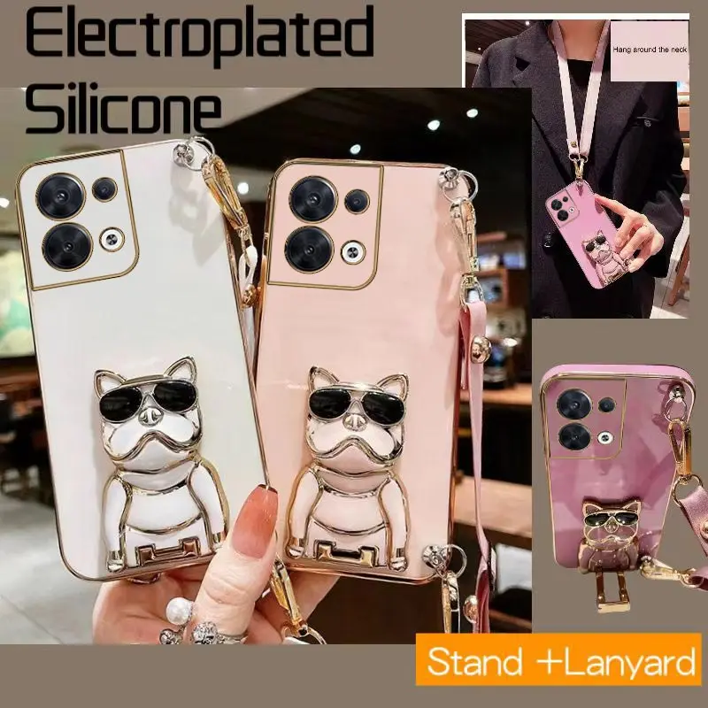 SunglassesDog Stand Lanyard Phone Case For OPPO Reno 8 8T 8 Pro 7 7Lite 7Z 6 6Z 6 5Lite 5F 4 4F Pro Plus Plating Silicone Cover