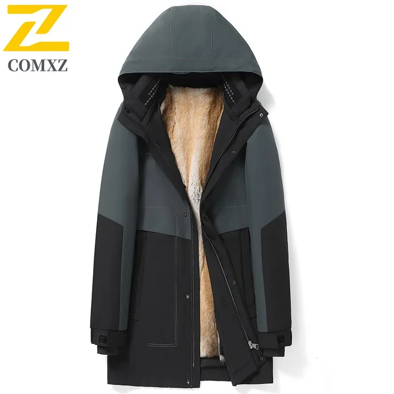 

COMXZ Мужская зимняя куртка средней длины, однотонное офисное пальто-парка, деловое роскошное дизайнерское пальто для уличного отдыха, теплое стеганое пальто