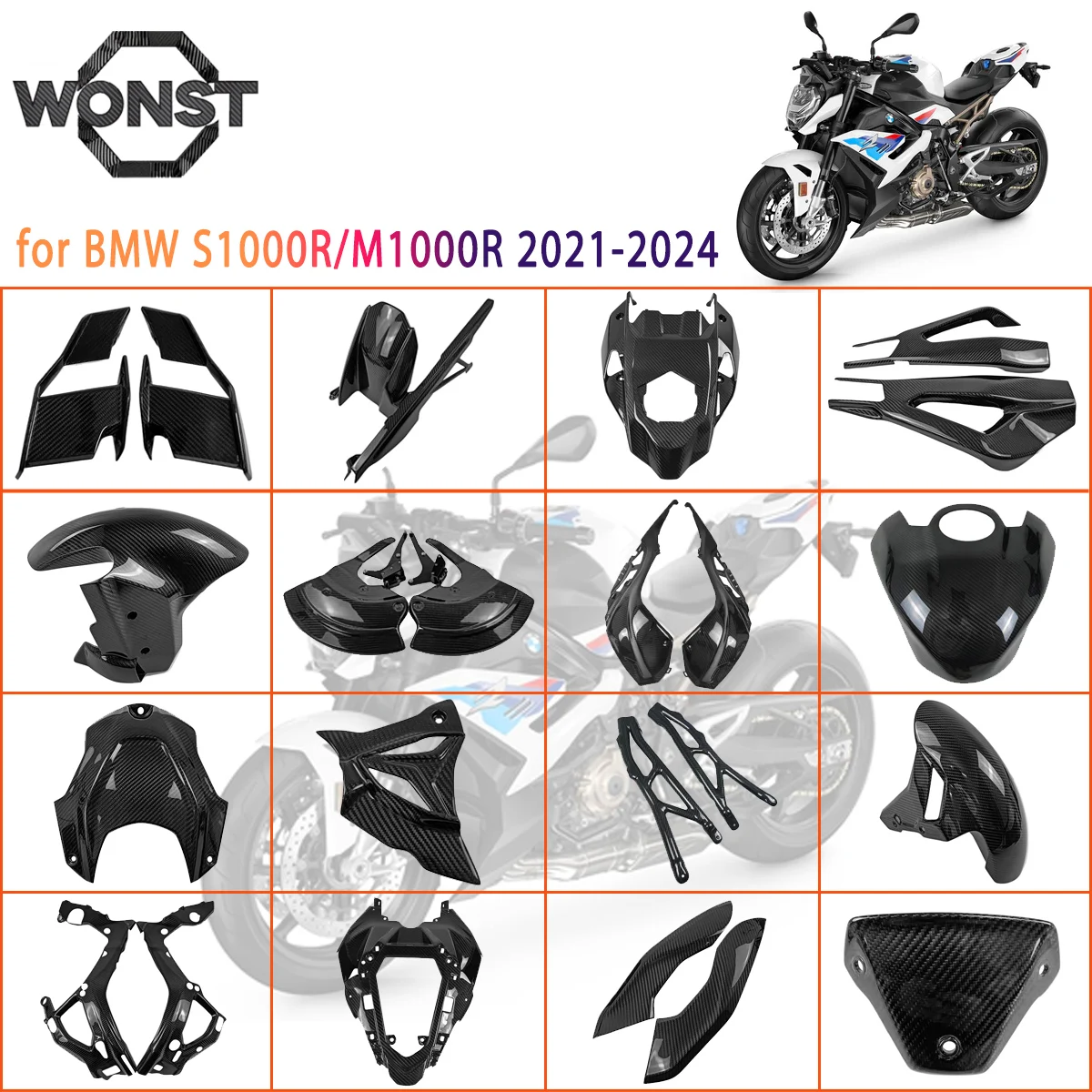 

Чистые сухие крылышки из углеродного волокна, детали задней подставки для ног, обтекатель, крылья, комплекты чехлов для BMW S1000R M1000R 2021 2022 2023 2024