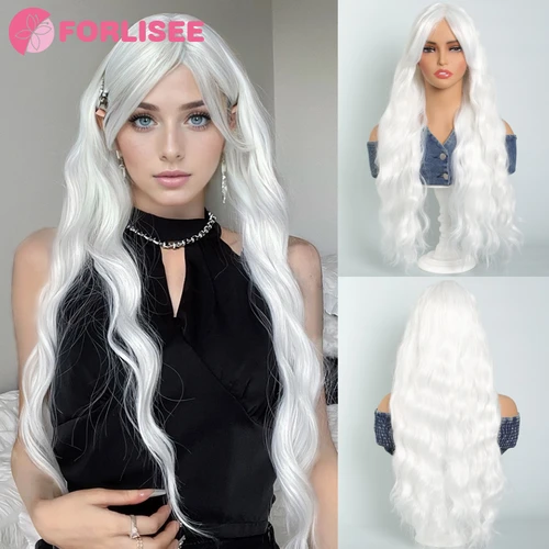 Peluca larga ondulada con flequillo para mujer, peluca de Cosplay colorida blanca para fiesta diaria, pelo sintético suave Natural resistente al calor