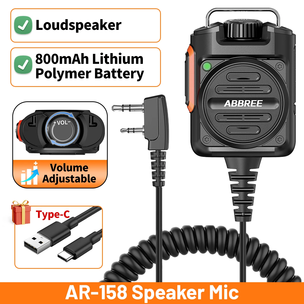 

ABBREE AR-158 2-контактный перезаряжаемый микрофон, регулируемый громкий динамик для радиолюбителей Baofeng UV-5R UV-5R Mini UV-21 PRO UV-32