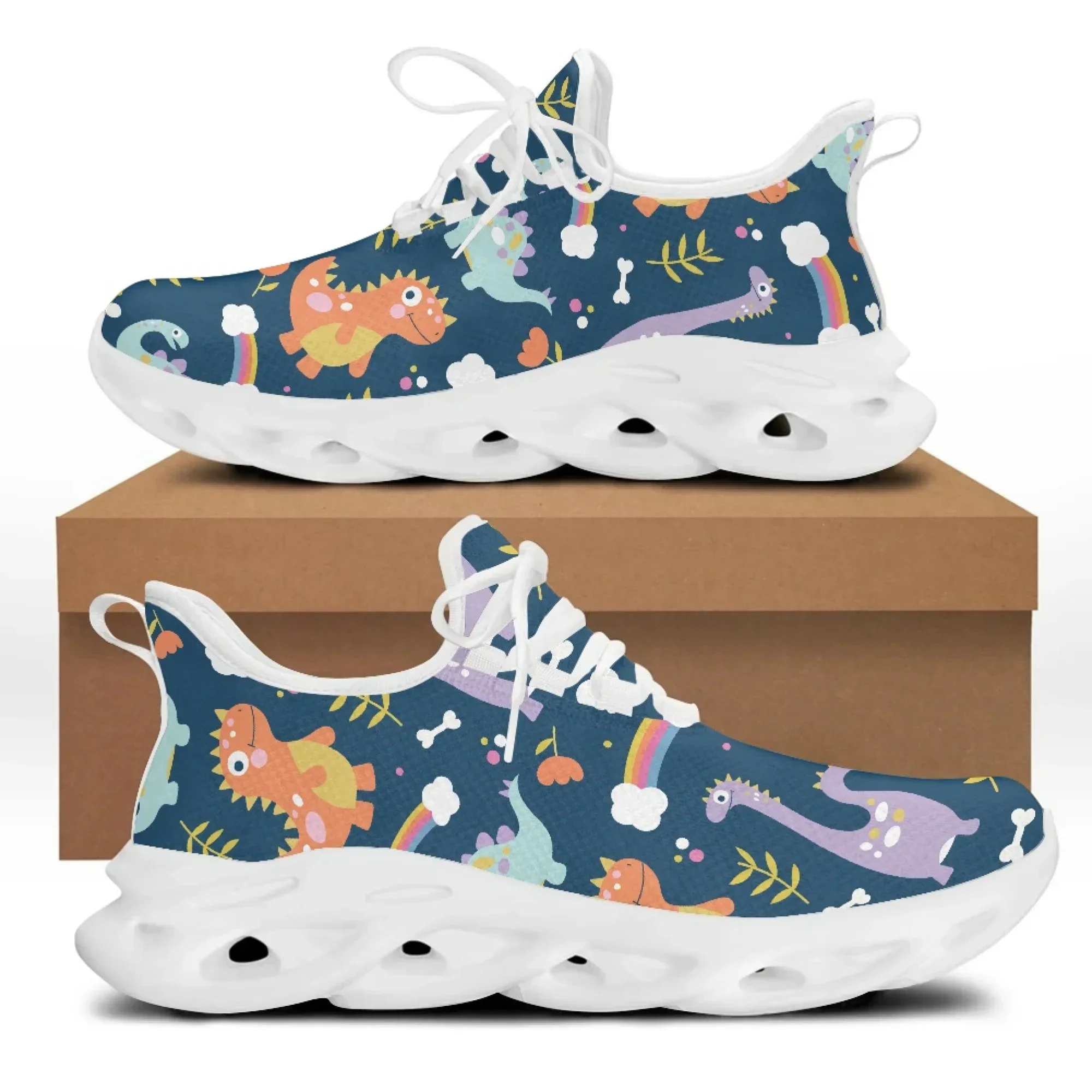 

Yikeluo Unisex Lightweight Lace-up Mesh Snekaers Cute Cartoon Dinosaur Print Cool Non-Slip Platform Shoes for Women Tennis Shoes