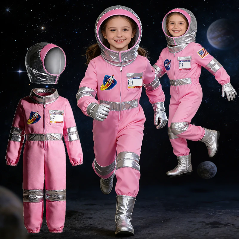 Pop Space-Themed Dress-Up Girls Outfits Pink Kids Astronaut Costume Space Explorer Role-Play Carnival Party Children's Jumpsuit
