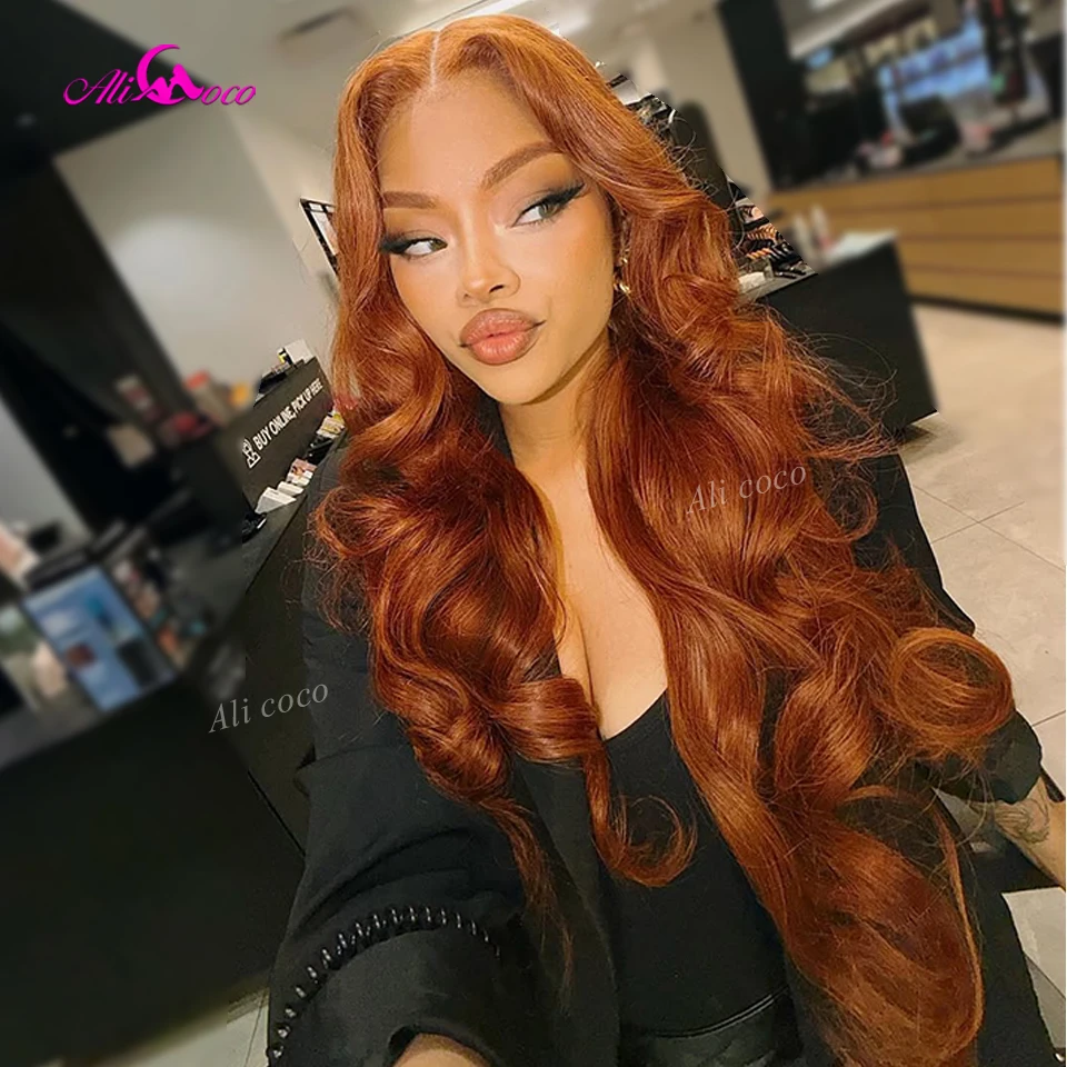 

Real Human Hair Wigs Body Wave Ginger Orange Brown 180 Density Pre Plucked Brazilian Transparent Invisible Lace Front Closure