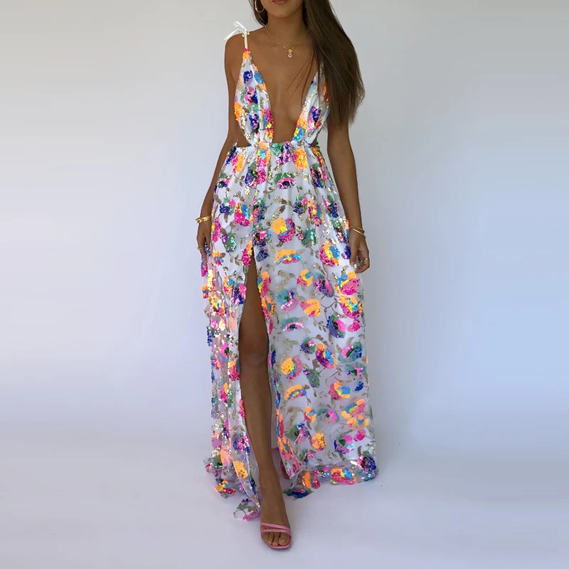 

Leisure Pleated Split Party Dresses Sexy Hot Girl Deep V Sequins Suspender Dress Fashion Sleeveless Printed Loose Big Hem Dress