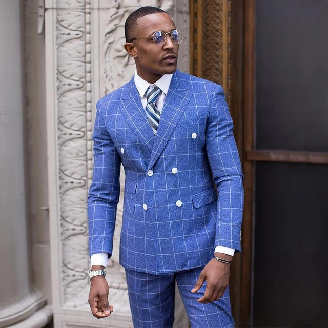 Sky Blue Checked Men s Suit Double Breasted Blazers Sets For Wedding Male Tuxedos 2 Pieces Jacket And Pants Groom Wear AliExpress