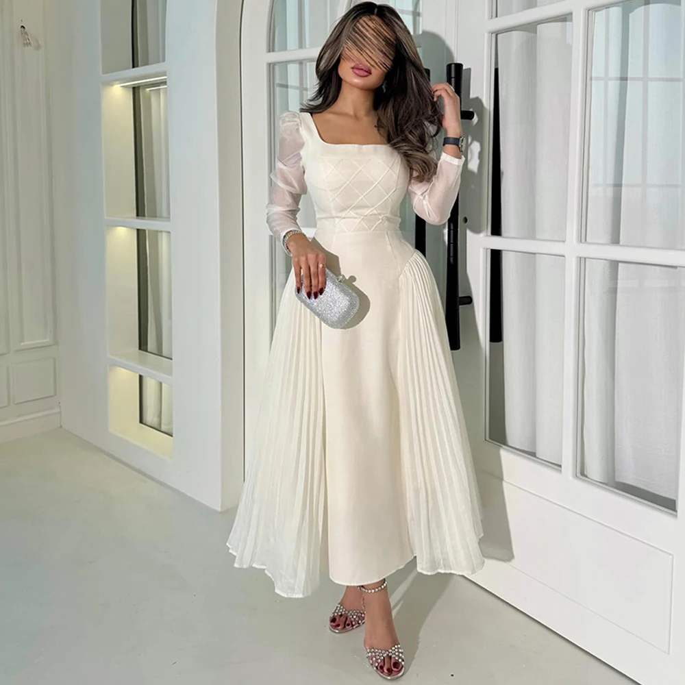 

Exquisite White Jersey Evening Dress Classic Long Sleeves Homecoming Dresses Fashion Square Collar Customized Celebrity Gowns