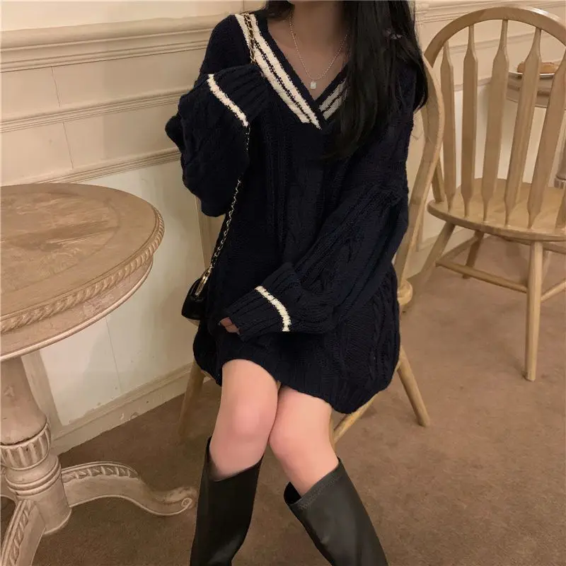 Pullovers Women Patchwork Daily Vintage Basic All-match Students Thicken Sweater Loose Korean Style V-neck Winter Leisure Simple