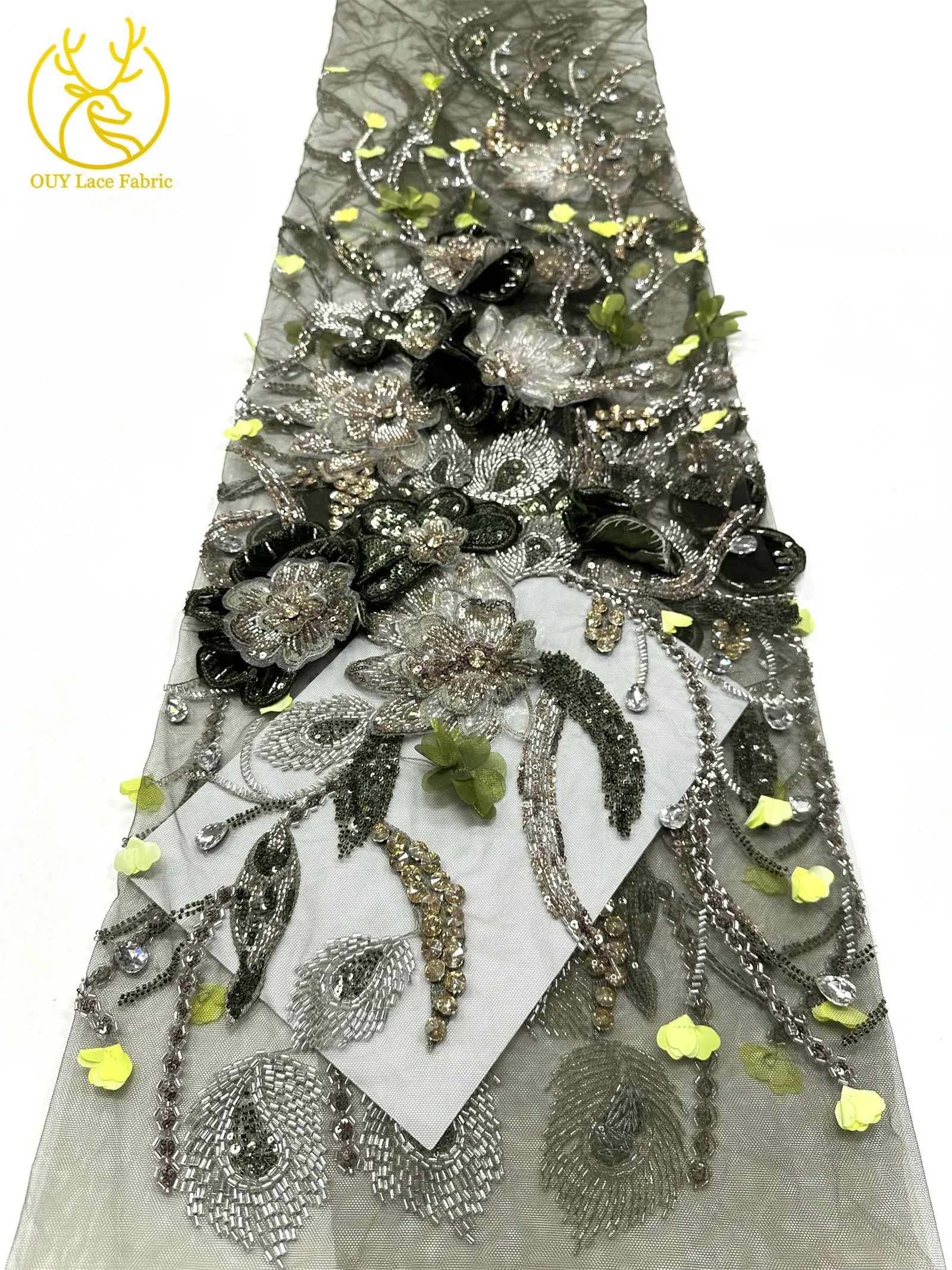 Handgefertigter Luxus Maßgeschneiderter 3D-Stickerei-Blumen-Edelstein-Spitzenstoff Afrikanischer Perlen-Pailletten-Spitzenstoff für Brautkleider – Detail 15