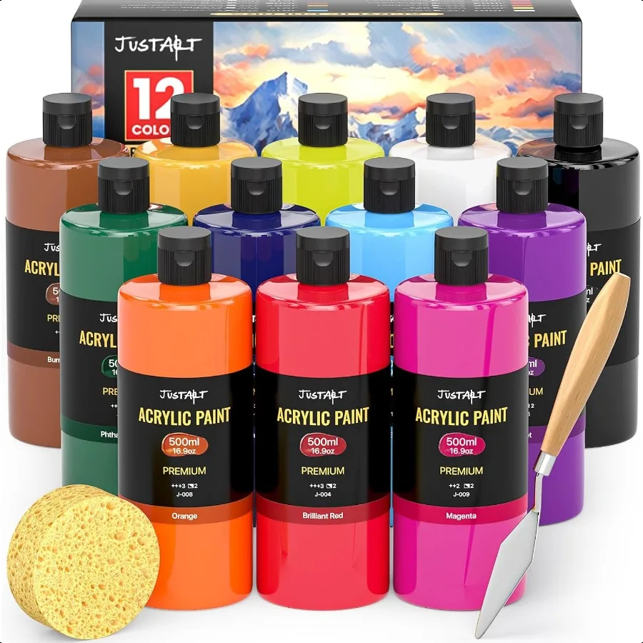 

12 Colors Acrylic Paint Bottle Set 500ml 16.9oz Large Bottles Acrylic Paint Kit Rich Pigmented Bulk Painting plies for Artists
