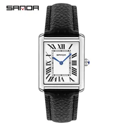 Sanda Rectangular Wrist Watches Women Man Unsex Silver Case Luxury Top Brand Leather Band Quartz Clock Zegarek Damski 1108