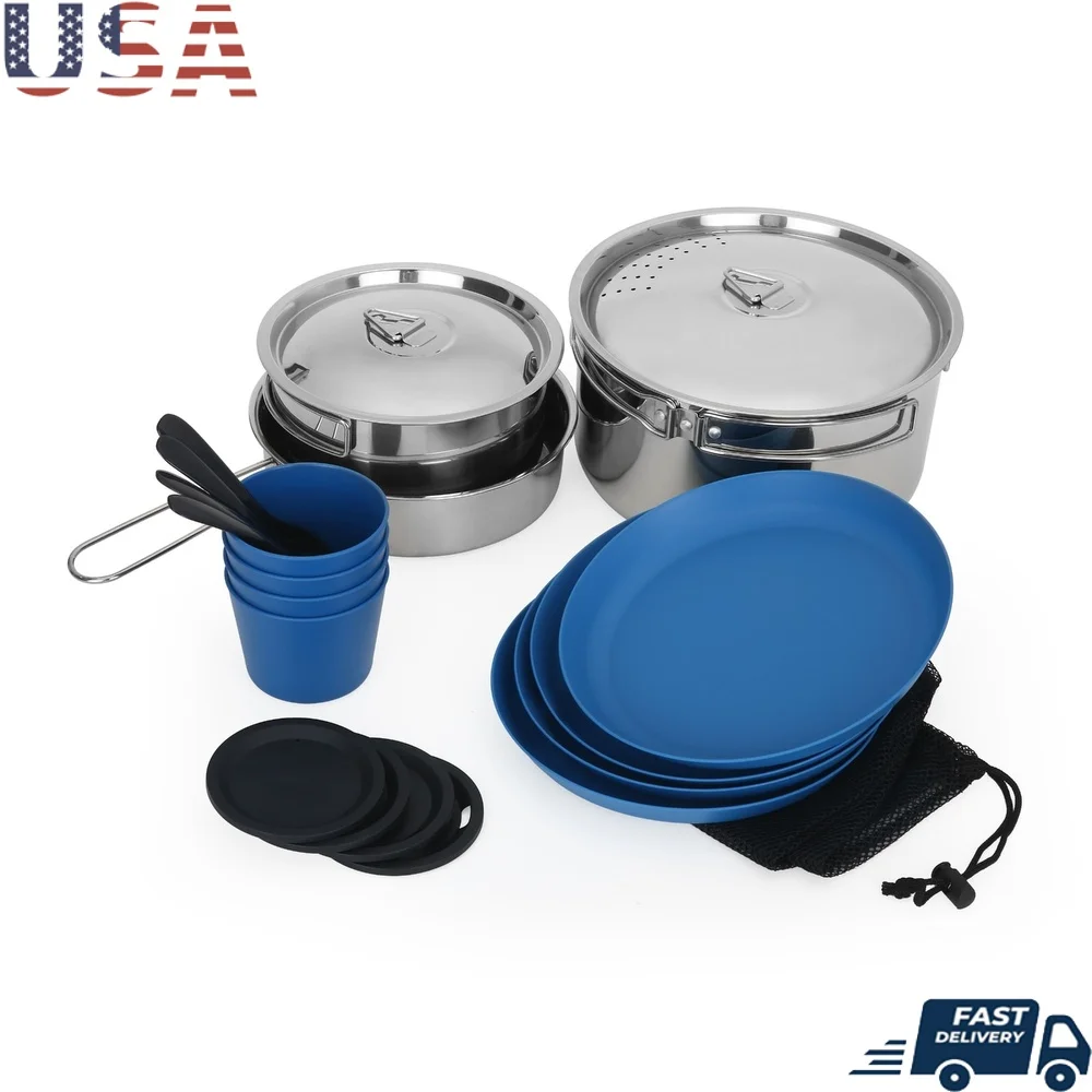 

22 Piece Camping Cookware Set Non Stick Cook Dine Kit Lightweight Portable Mesh Bag 4 Person Dining Utensils Sporks Easy Clean