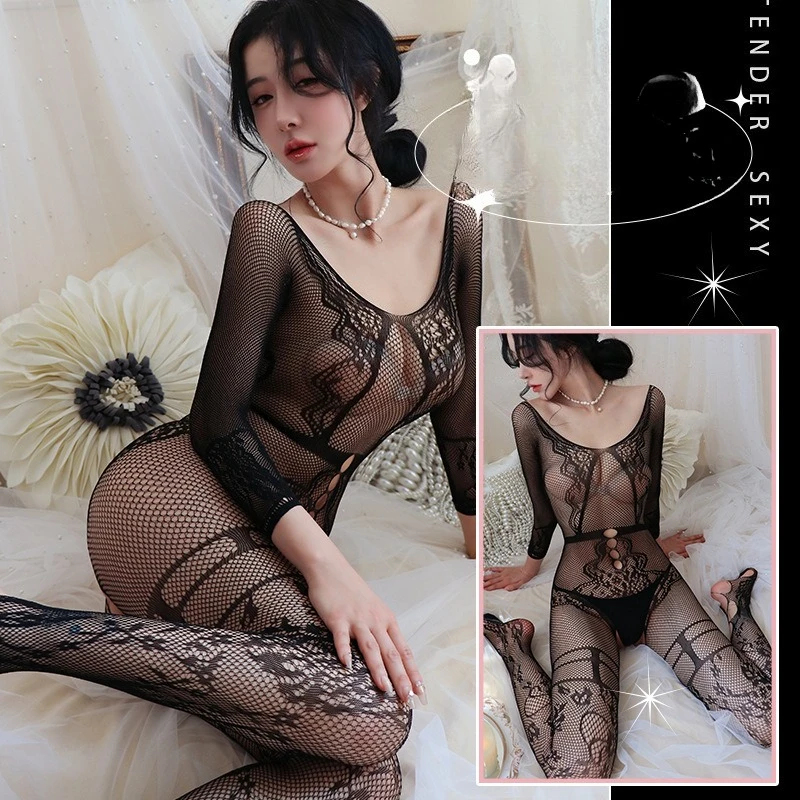 

Sexy Sheer Mesh Bodysuit - Women's Erotic Long Sleeve Lingerie Open Crotch No Need to Remove + Full Body See-Through Design