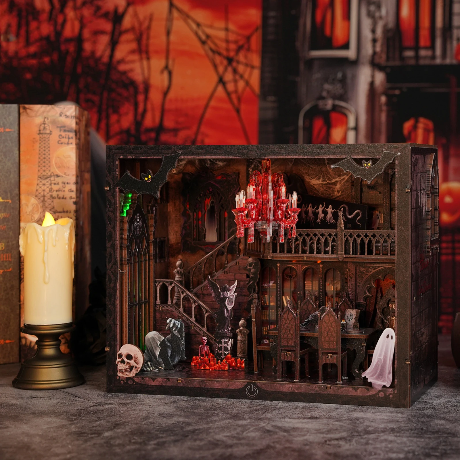 

DIY Wooden Book Nook Figurines Halloween Dark House Bookend with Lights Bookshelf for Friends Birthday Gifts Home Decor Crafts