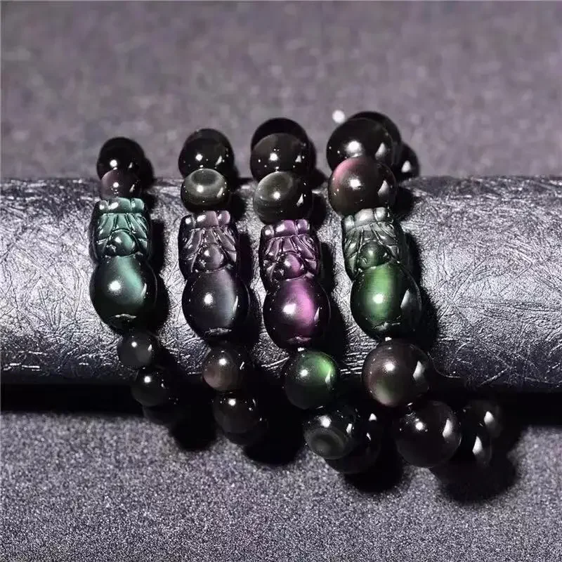 

Jia Le / Natural Rainbow Obsidian Elastic Lucky Pi Xiu Bangle Fashion Men Women Couple Fine Jewelry Bracelet Accessories Gifts