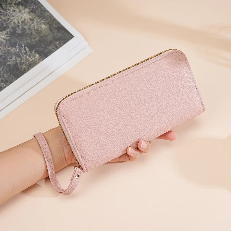 

Женский длинный кошелек с текстурой личи, клатч с ремешком на запястье, многофункциональный кошелек на молнии, компактный кошелек из искусственной кожи для подарка