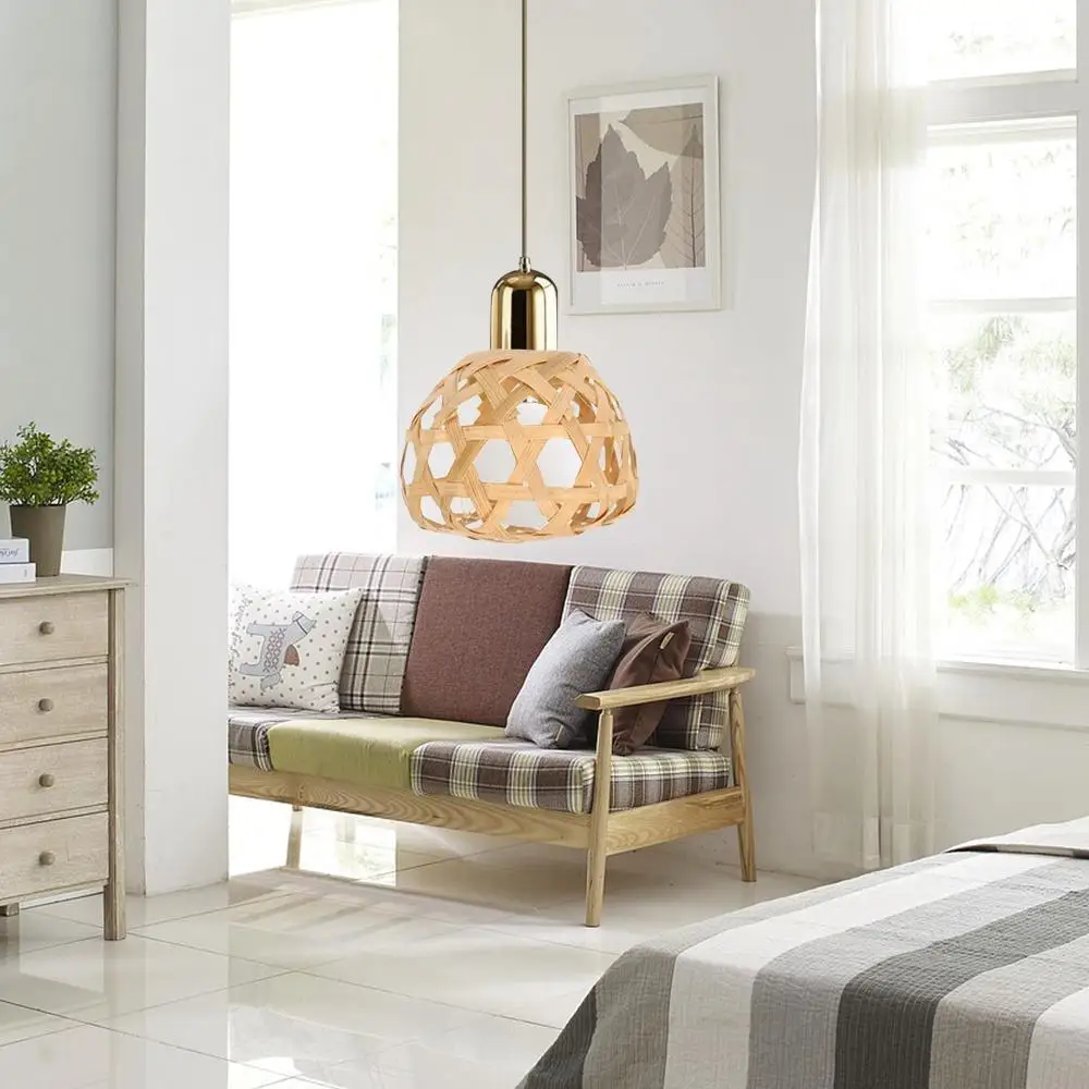 

Bamboo Cage Woven Bamboo Lamp Shade Globe Hexagonal Eyes Bulb Lampshades Removable Vintage Chandelier Cover Home Hotel