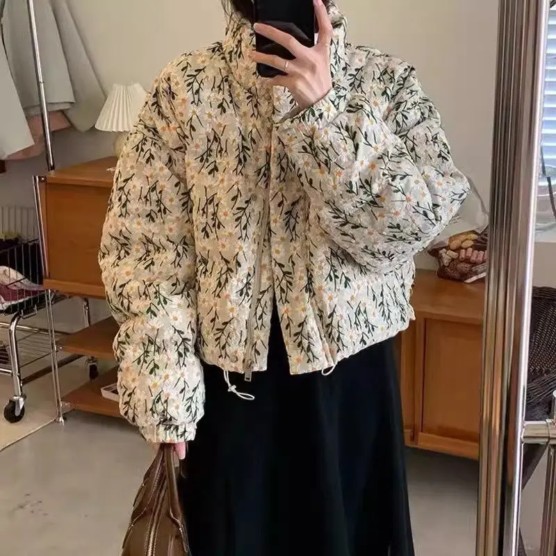 

Winter Korean Floral Cotton Jacket For Women Retro Stand Collar Long Sleeve Loose And Thick Short Printed Coat Parkas Z4723