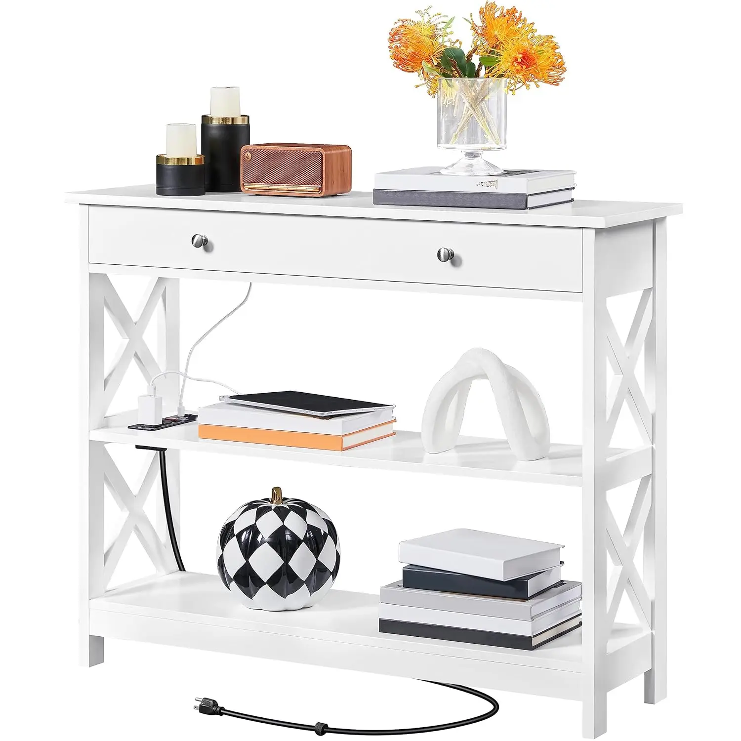 

Wood Entryway Console Table with Drawer USB Outlets Storage Shelves for Living Room Hallway Foyer White Customized