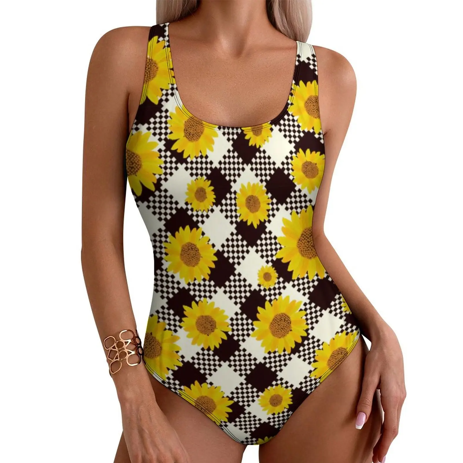 Sunflower Checkerboard Swimsuit Sexy Black and White Plaid Women Swimwear One-Piece Swimsuits Surfing Push Up High Cut Beachwear