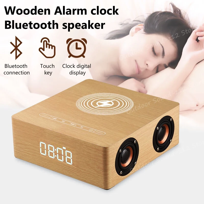 New Bluetooth Speakers QI Wireless Phone Charging Alarm Clock Wooden Digital LED Table Clock Promotional Gift Desktop Sound Box