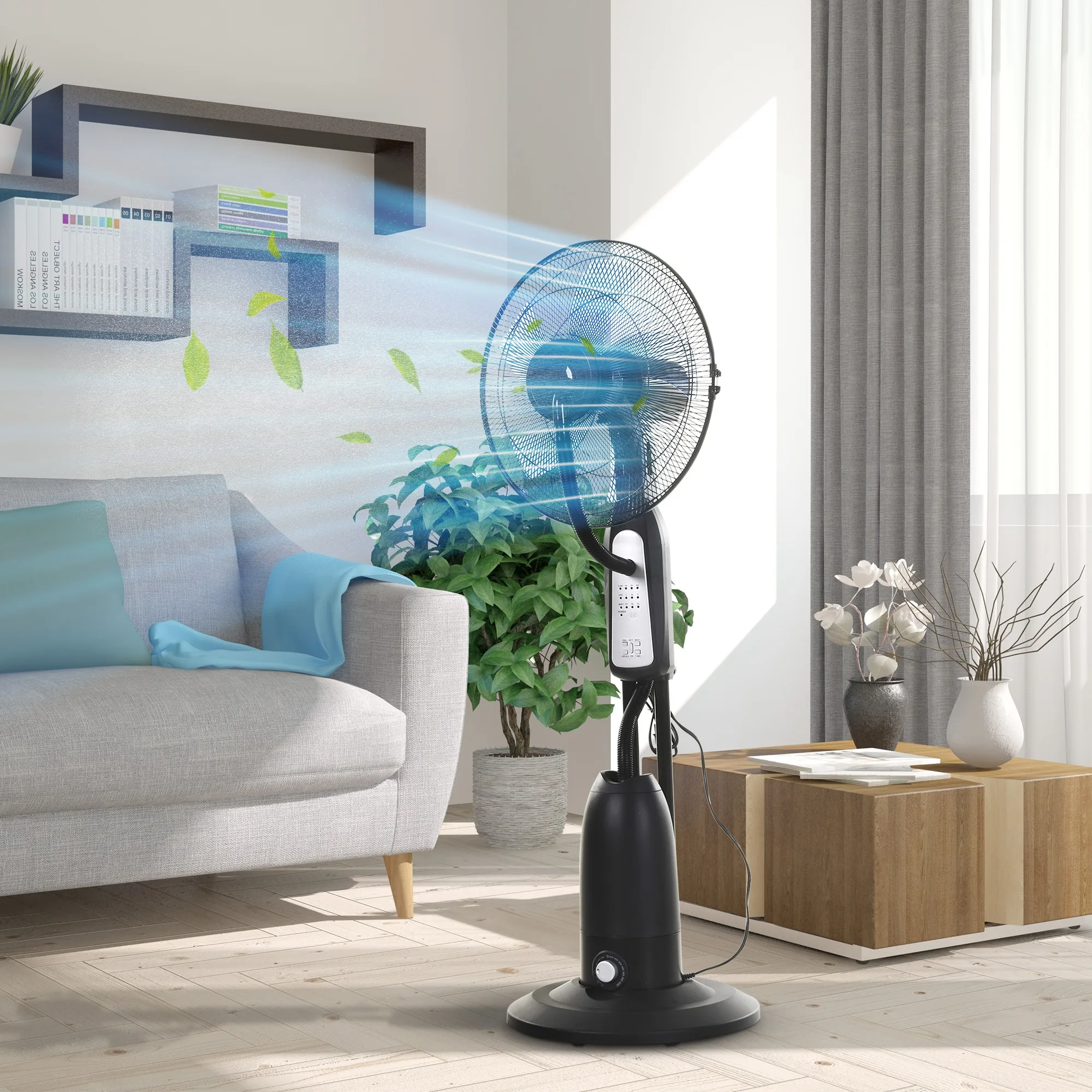 Ventilateur sur pied, humidificateur avec réservoir d'eau de 2,8 litres, télécommande, mobile, trois modes de ventilation - normal, naturel et sommeil, noir, Ø44,5 x 120 cm