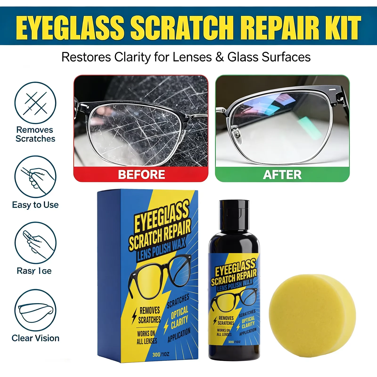 Multi-Surface Scratch Remover for Eyeglasses, Car Headlights, Windshields & Phone Screens, Restores Clarity & Removes Yellowing