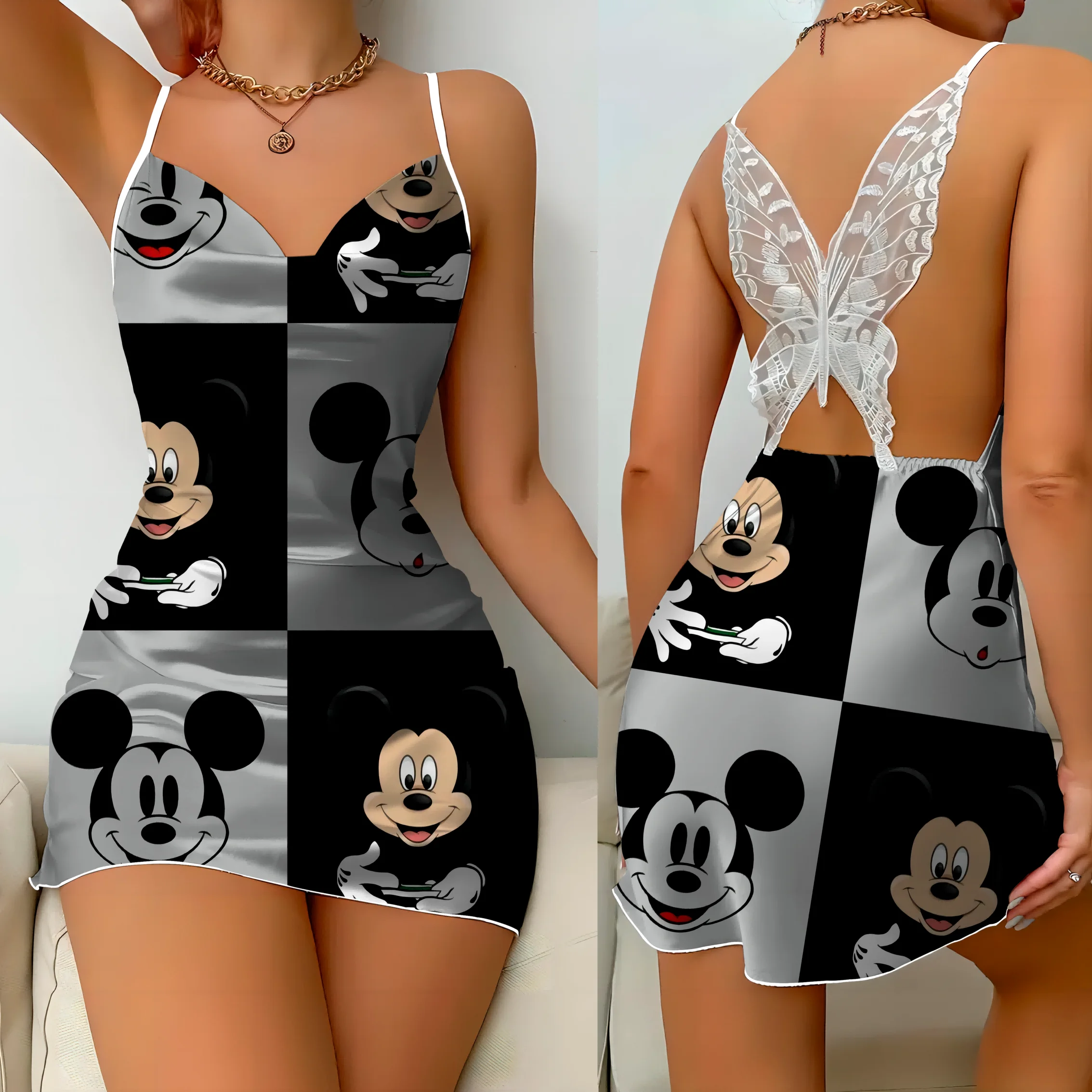 Gonna del pigiama abito senza schienale fiocco nodo abiti Sexy Disney Mickey superficie in raso Minnie Mouse moda donna estate 2024 Party Mini