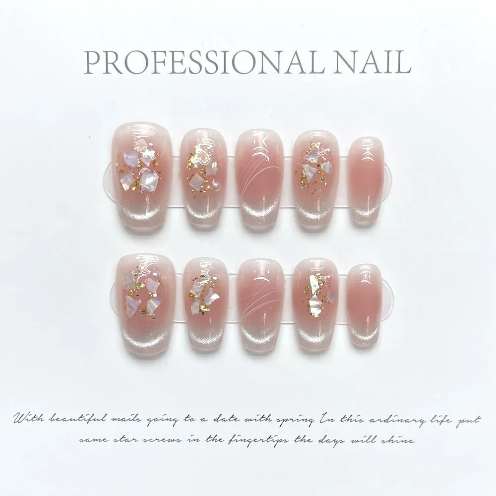 Handmade Pink Nails Set Press on Cute Korean Medium-length Artifical Nails Full Cover Nail Tips with Design Adhesive False Nails