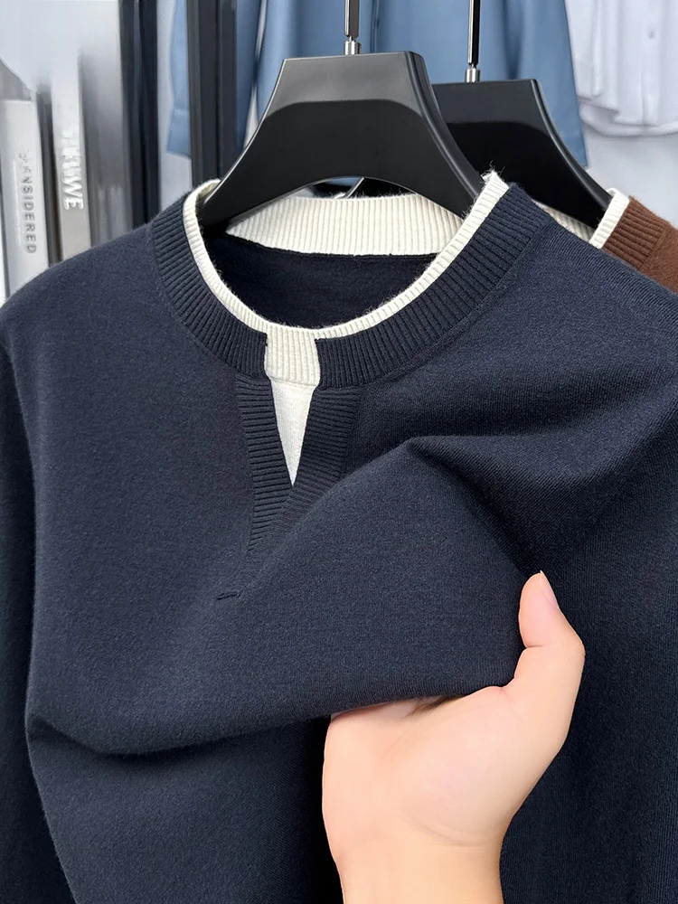 

Lormen Winter New Men's Knitted Sweater Casual Long Sve Camere Blend Faionable Fake Two-Piece Versatile Comfortable Top