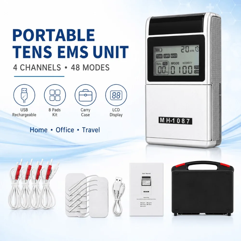 EMS muscle stimulator, TENS stimulator, 4 channels, 48 modes, rechargeable digital massager,suitable for back, neck, shoulders