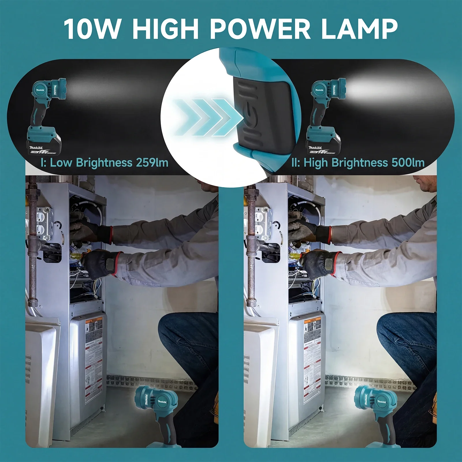 For Makita ML815 Portable LED Work Lamp,9 LED Beads,Large Angle Rotation,Two-Position Adjustment Handheld RechargeableFlashlight