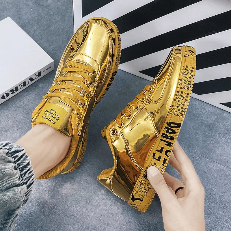 Zapatos de Skate para hombre y mujer, Zapatillas planas de cuero con purpurina dorada, estilo Hip hop, a la moda, 2022
