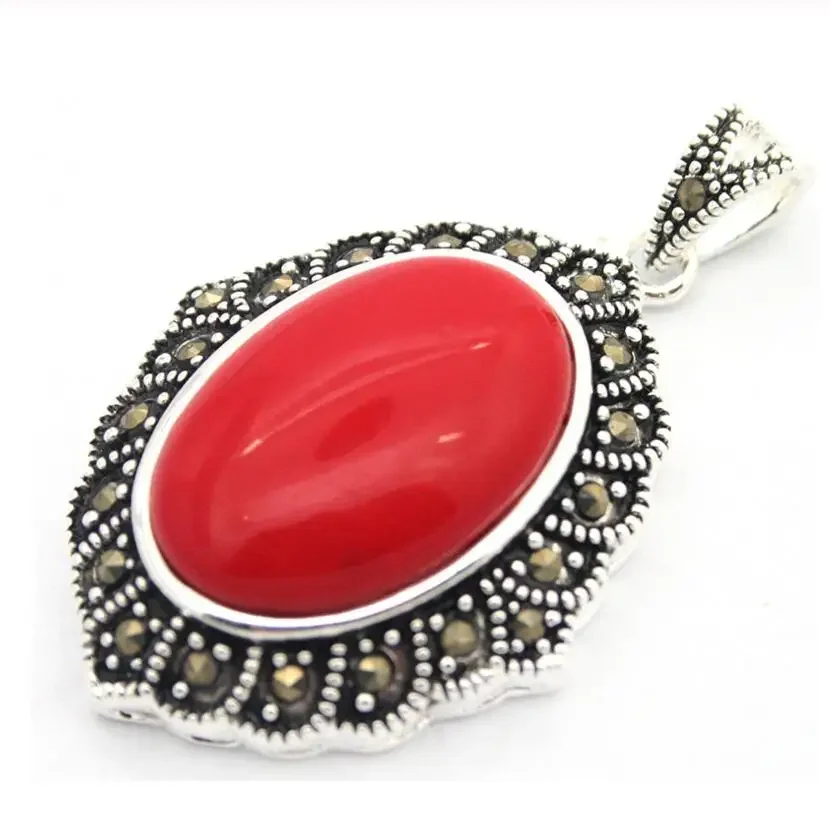 VINTAGE 925 STERLING SILVER RED CORAL MARCASITE PENDANT 27x43MM