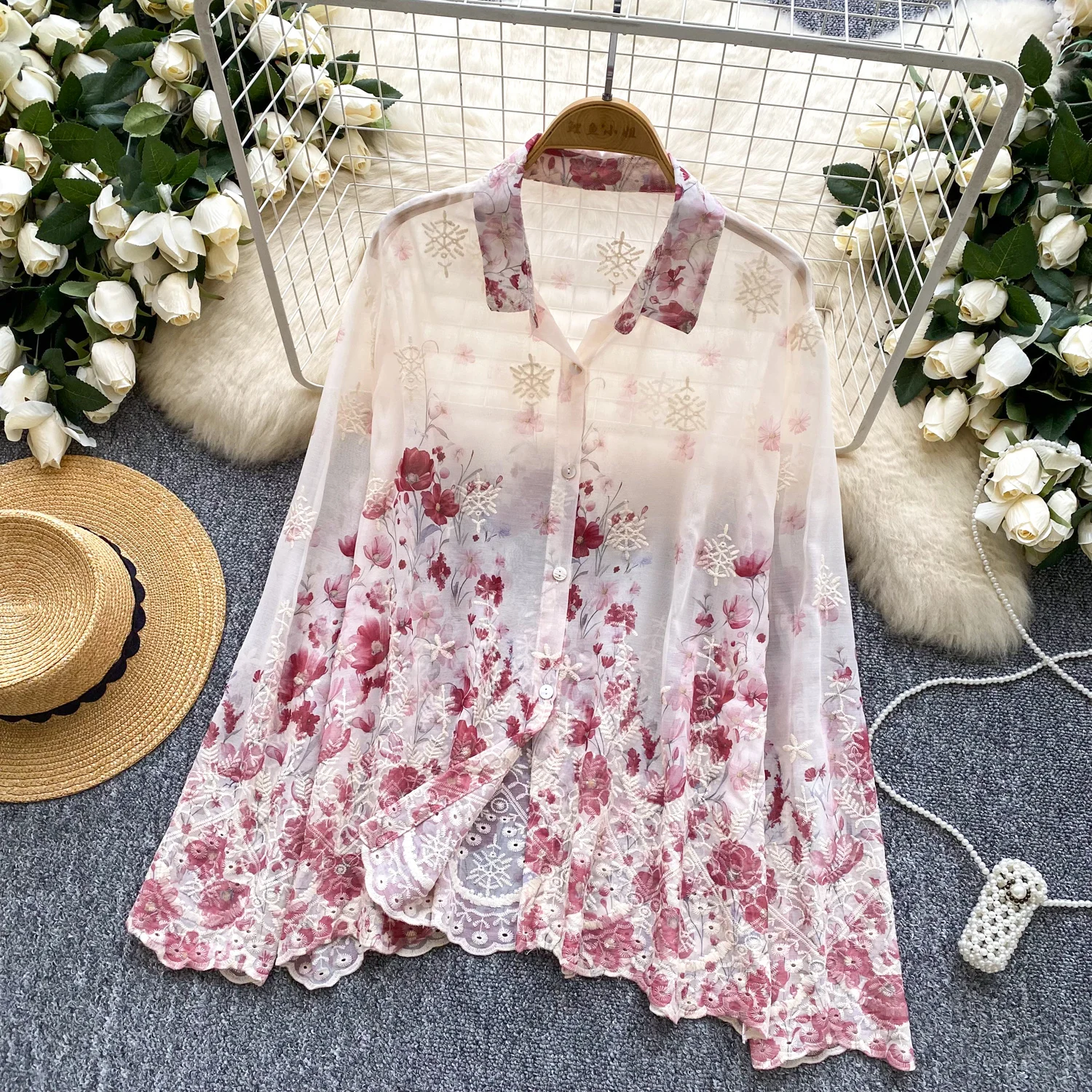

Elegant French Embroidered Collar Shirt Women Loose Fit Long Sleeve Button Up Blouse