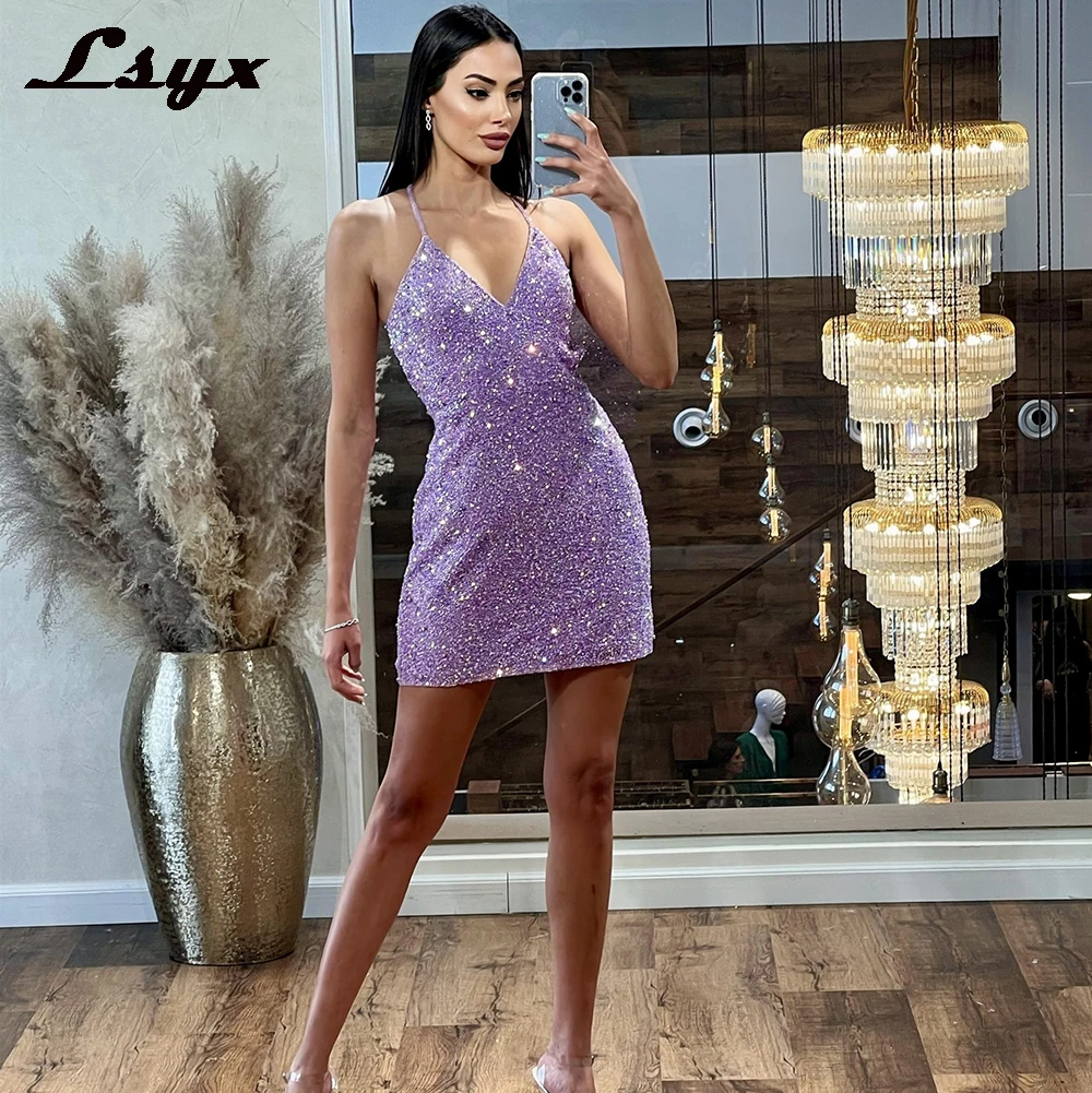 

LSYX Lavender Sequin V Neck Mini Sexy Prom Dresses 2023 Spaghetti Straps Sleeveless Open Back Party Evening Gown